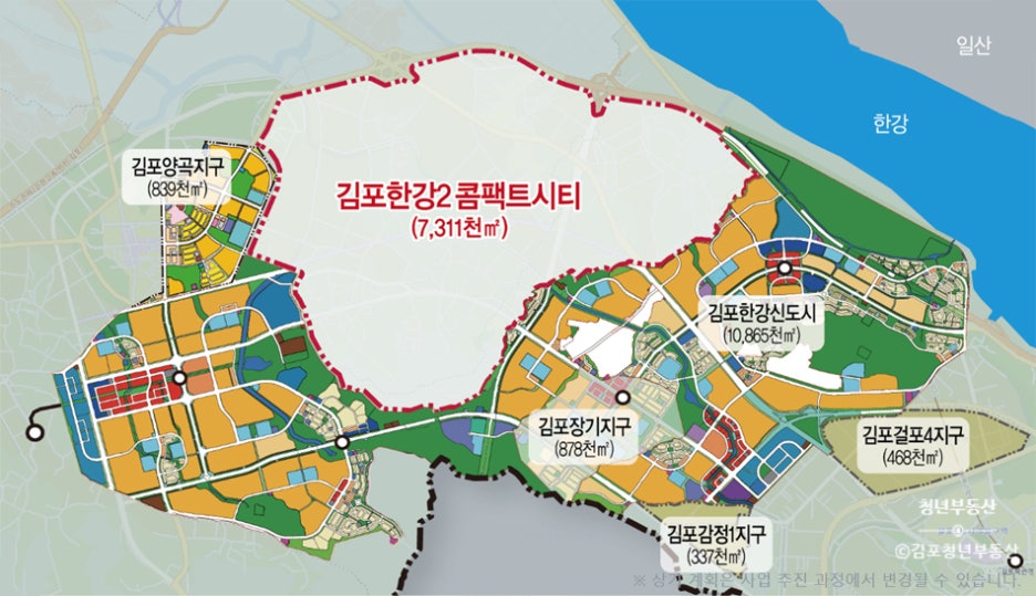 김포한강2 콤팩트시티와 주변 김포한강신도시 등의 위치를 표시한 제공 지도